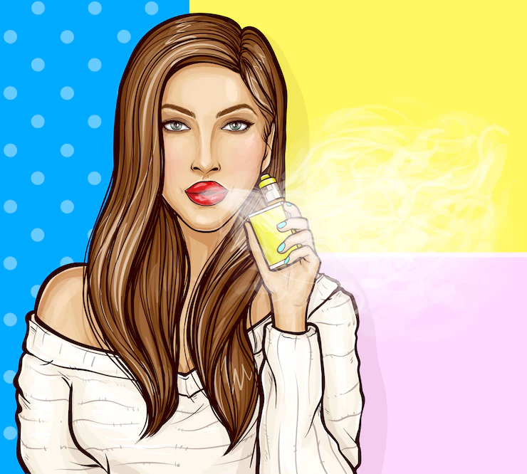 Vector pop art beautiful girl smoking, vapes and smokes, Dripper in one hand making a cloud of fume